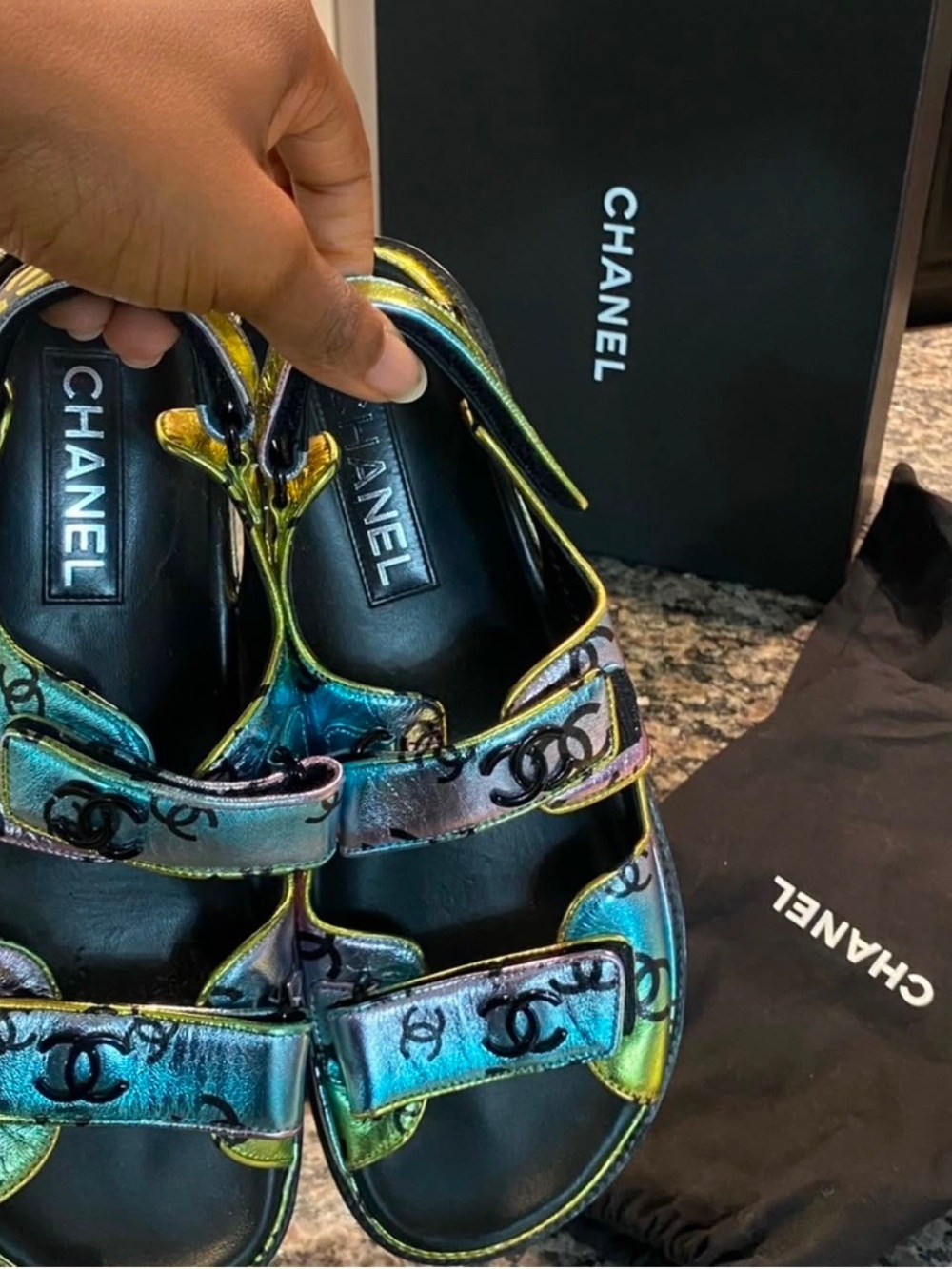 CHANEL Iridescent Logo Strap Sandals - Black with Multicolor Trim